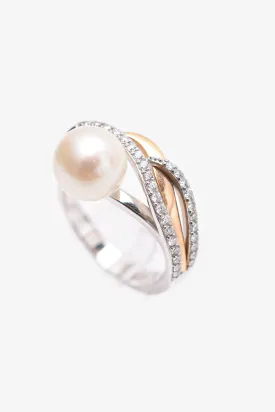 14K White/Yellow Gold Diamond Set Freshwater Pearl Ring
