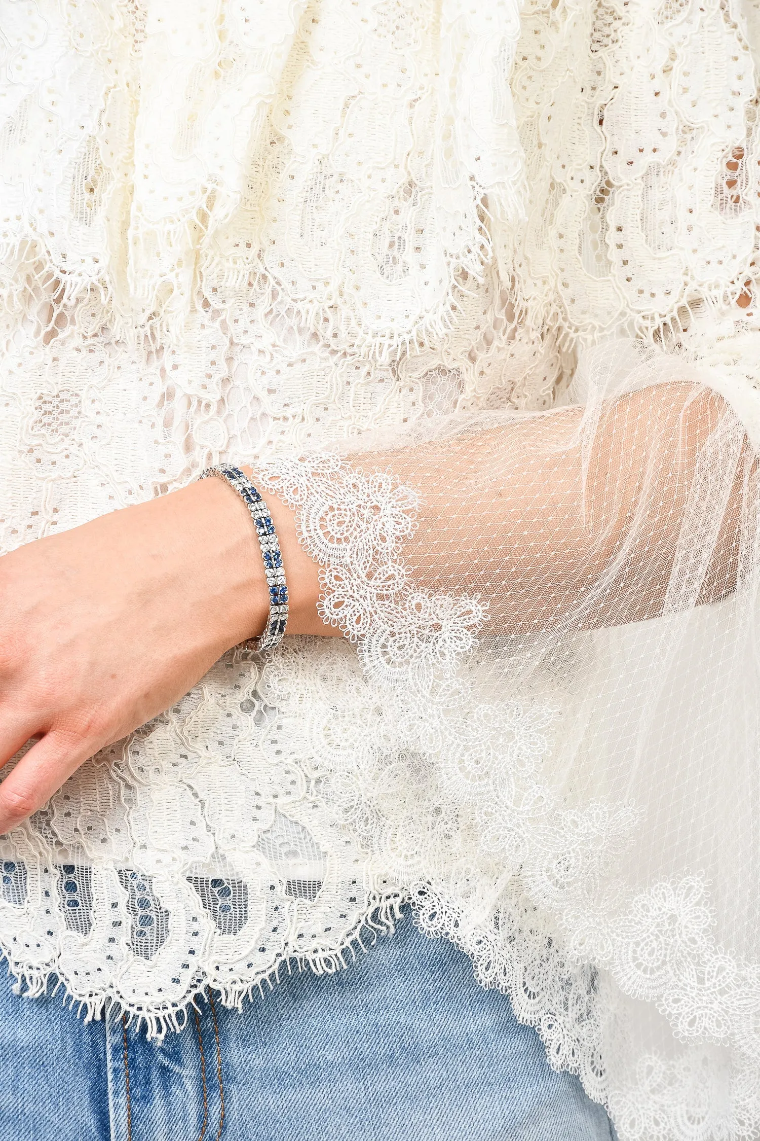 18K White Gold Sapphire & Diamond Double Row Tennis Bracelet
