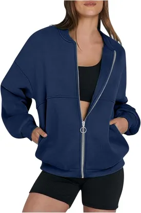 Akklian Women's Zip Up Sweatshirt Jacket No Hood Long Sleeve Casual Loose Outwear with Pockets 2024 Oversized Fashion Clothes