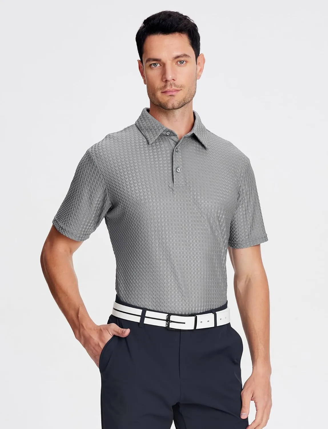Alex Vando Mens Bubble Jacquard Polo Shirt Super Stretch Short Sleeve Polo Shirts for Men