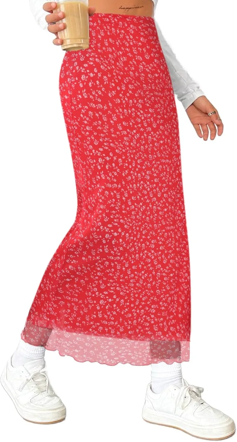 Avanova Women's Mesh Slit Split Long Skirts High Waisted Sexy Summer Maxi Skirts
