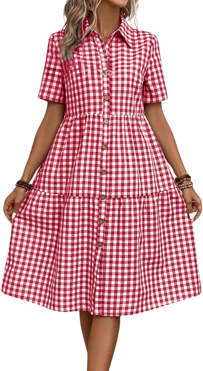 chouyatou Women's Plaid Short Sleeve Button Down Shirt Dress Retro Gingham Button Up Tunic Midi Long Dress