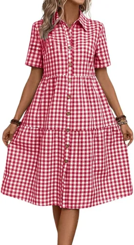 chouyatou Women's Plaid Short Sleeve Button Down Shirt Dress Retro Gingham Button Up Tunic Midi Long Dress