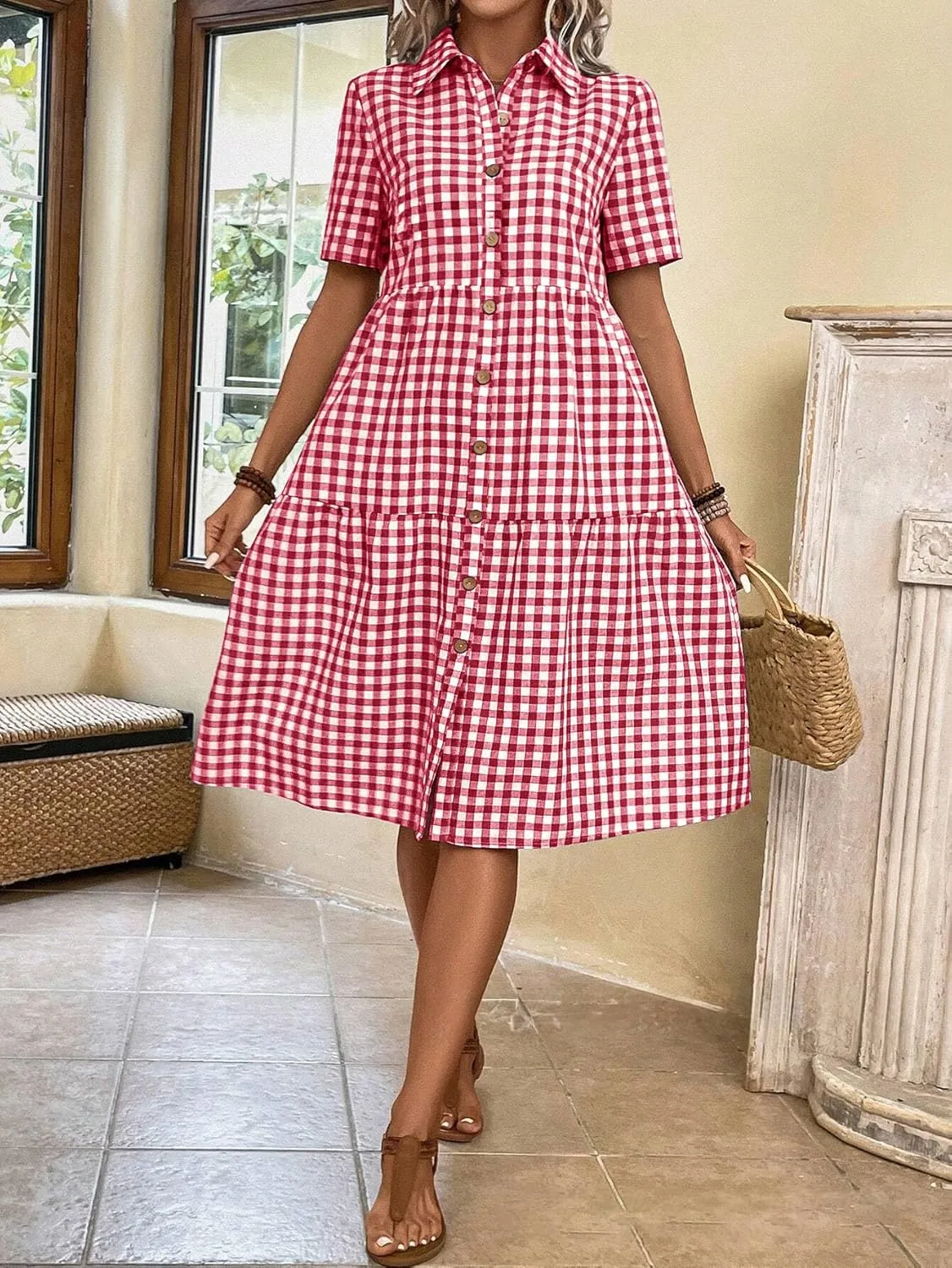 chouyatou Women's Plaid Short Sleeve Button Down Shirt Dress Retro Gingham Button Up Tunic Midi Long Dress