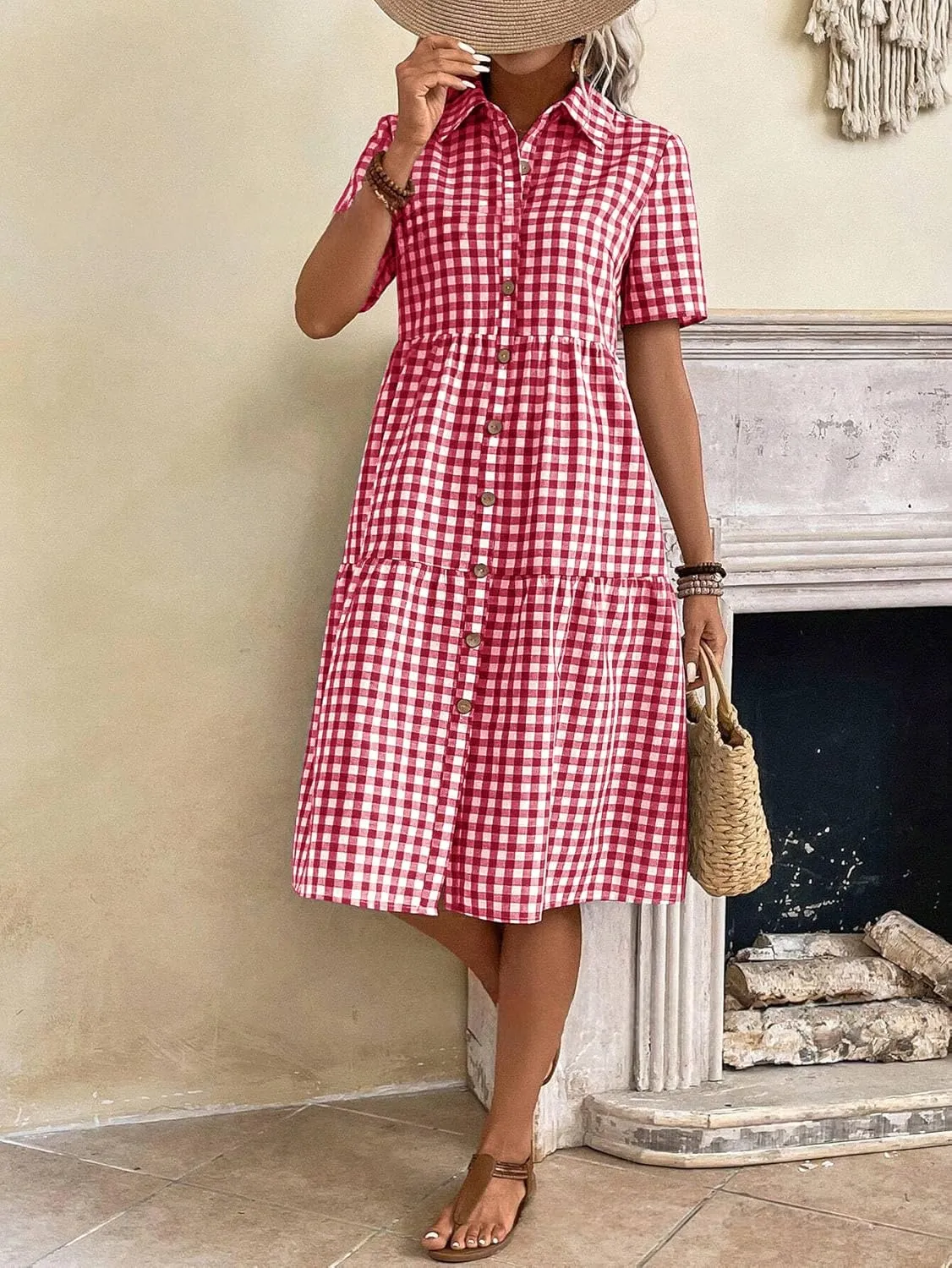chouyatou Women's Plaid Short Sleeve Button Down Shirt Dress Retro Gingham Button Up Tunic Midi Long Dress