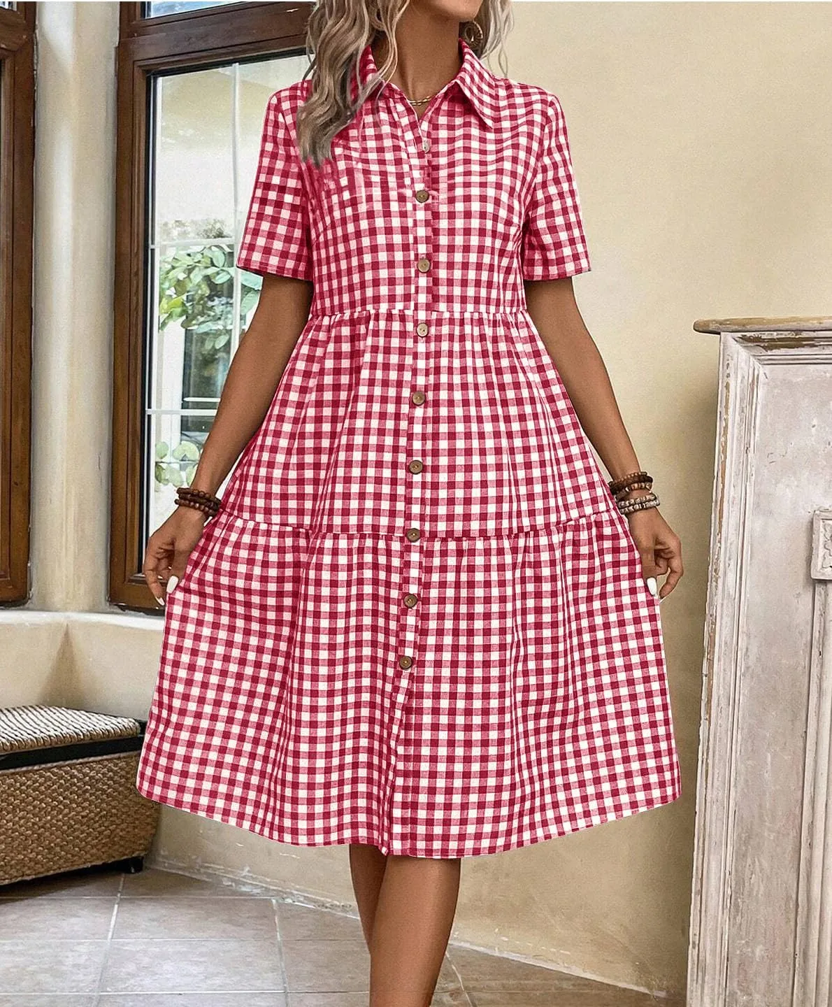 chouyatou Women's Plaid Short Sleeve Button Down Shirt Dress Retro Gingham Button Up Tunic Midi Long Dress