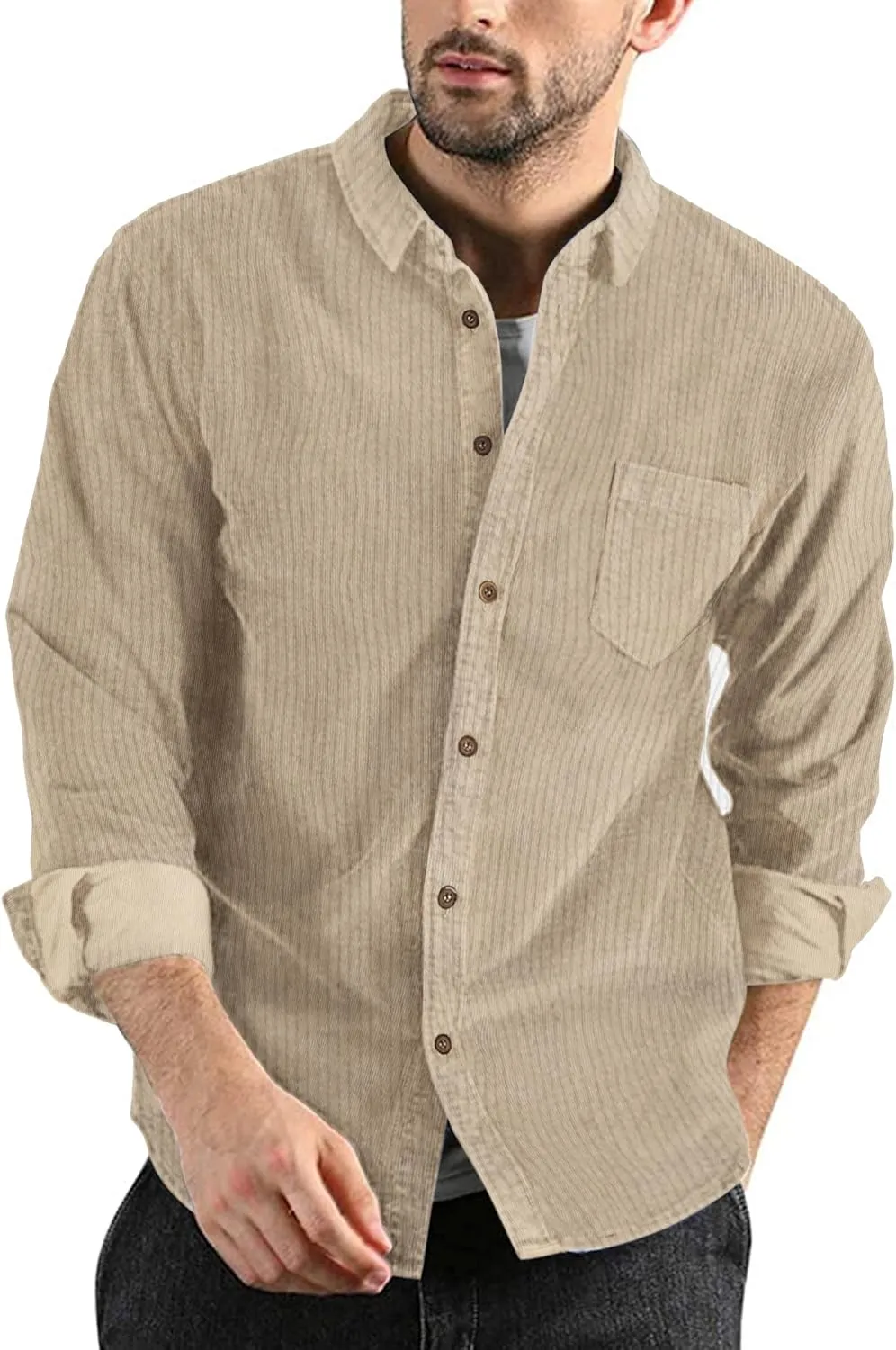 COOFANDY Men's Corduroy Shirt Casual Long Sleeve Button Down Lightweight Jacket Fall Textured Shacket