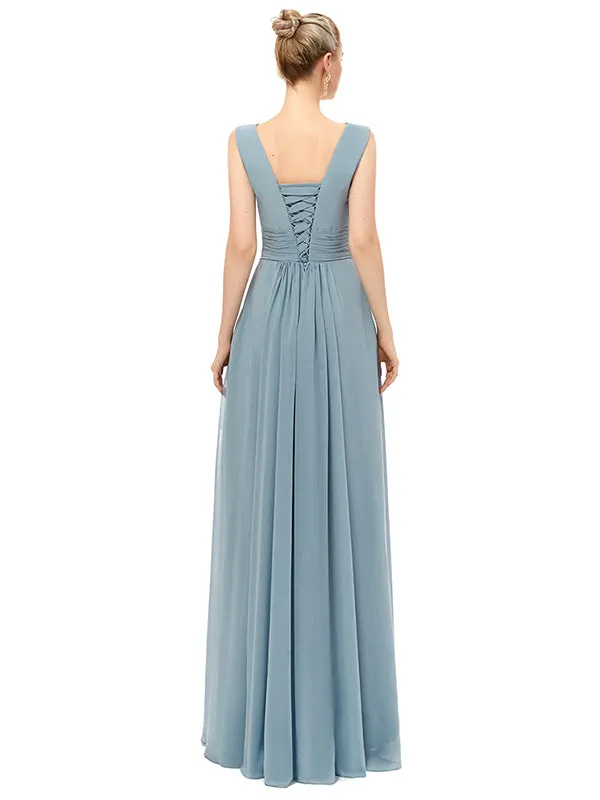 Elegant Straps V Neck Floor Length Split Bridesmaid Dresses