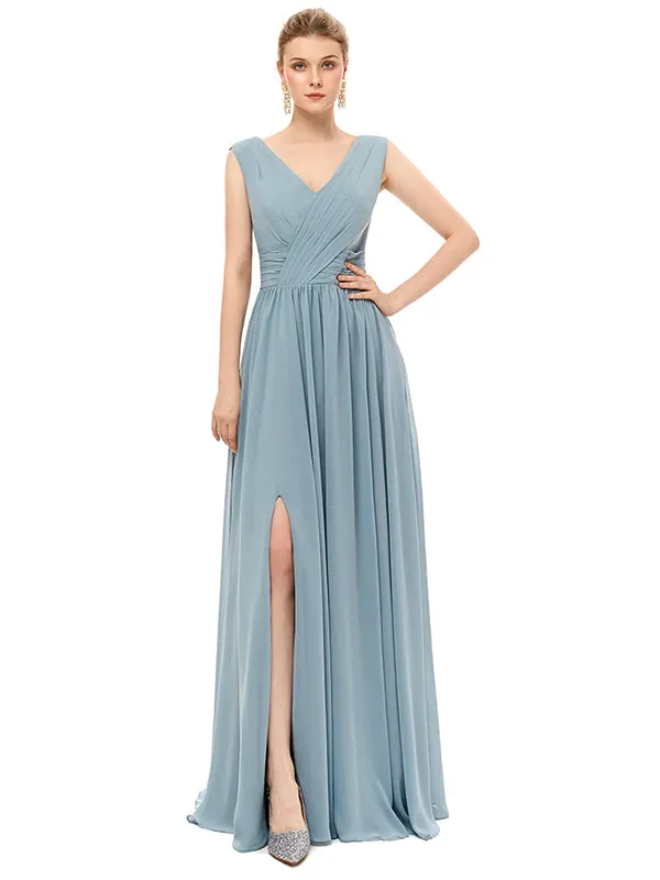 Elegant Straps V Neck Floor Length Split Bridesmaid Dresses