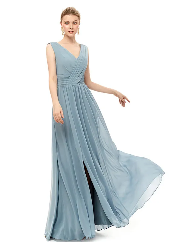 Elegant Straps V Neck Floor Length Split Bridesmaid Dresses