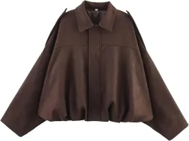 Faux Suede Jacket Women Oversized Long Sleeve Zip Up Epaulet Bomber Leather Jackets Oversized Casual Coat