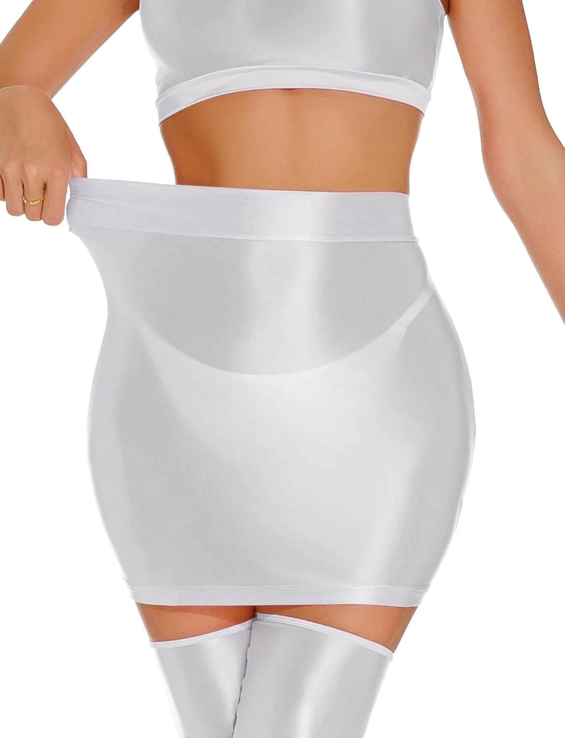 FEOYA Women??s Oil Shiny Bodycon Skirts Silky Smooth Pencil Mini Skirts Sexy Glossy Hot Skirts Club Party