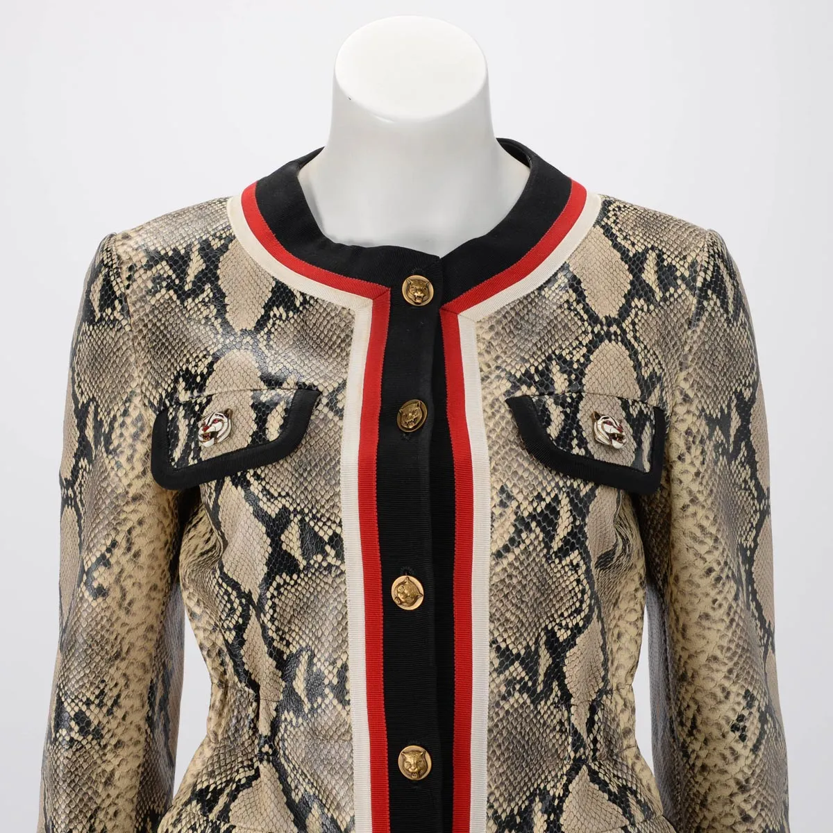 Gucci Beige Snake Effect Leather Web Trim Jacket IT 36