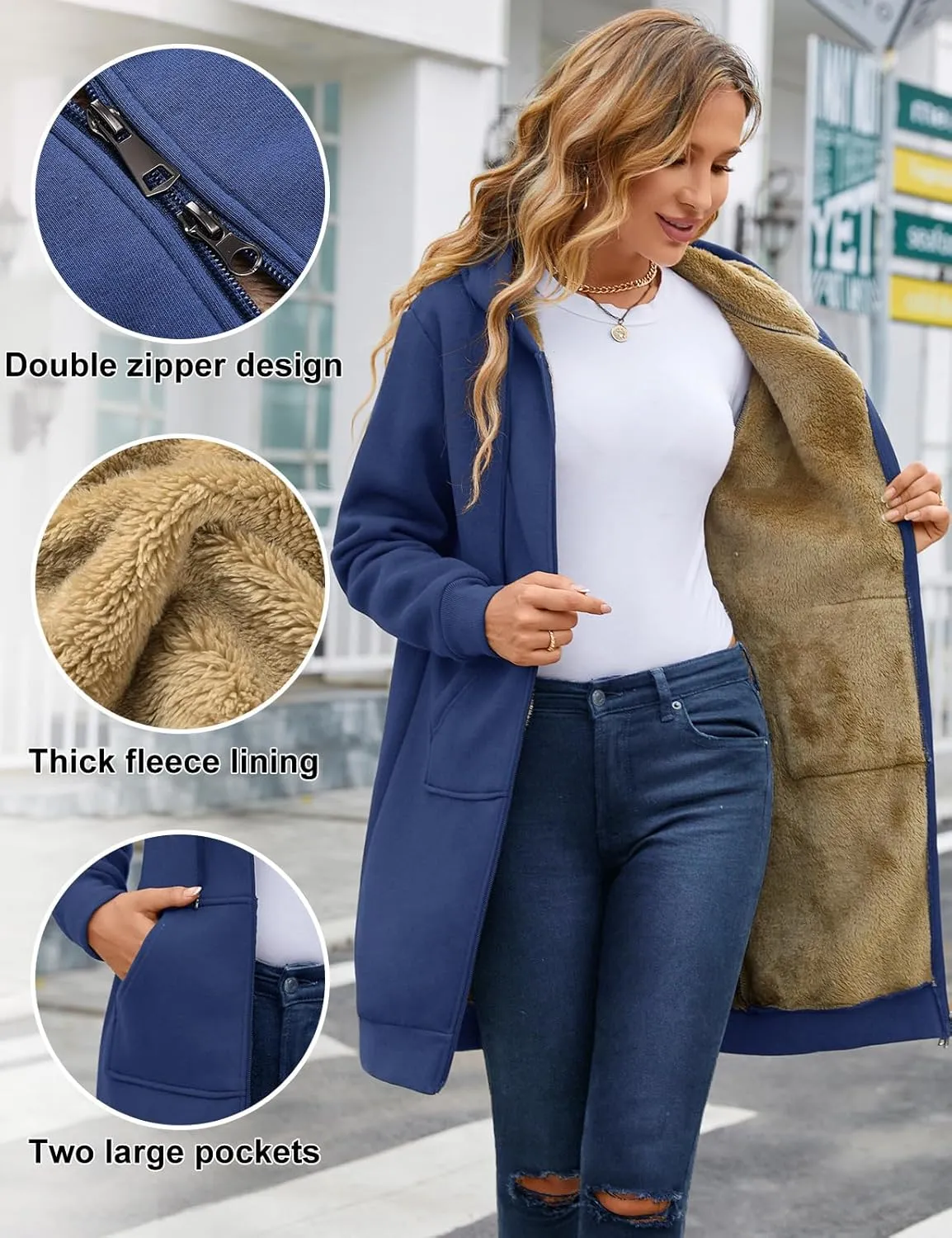 HEEKPEK Women's Long Hoodies Tunic Winter Fleece Jackets Casual Zip up Hoodies Soft Sherpa Sweatshirts Warm Long Coats