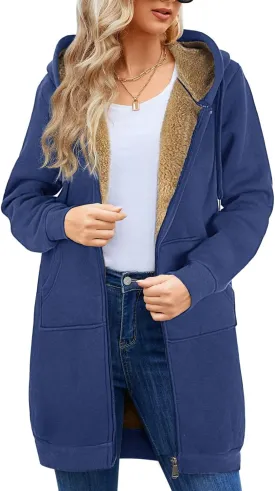 HEEKPEK Women's Long Hoodies Tunic Winter Fleece Jackets Casual Zip up Hoodies Soft Sherpa Sweatshirts Warm Long Coats