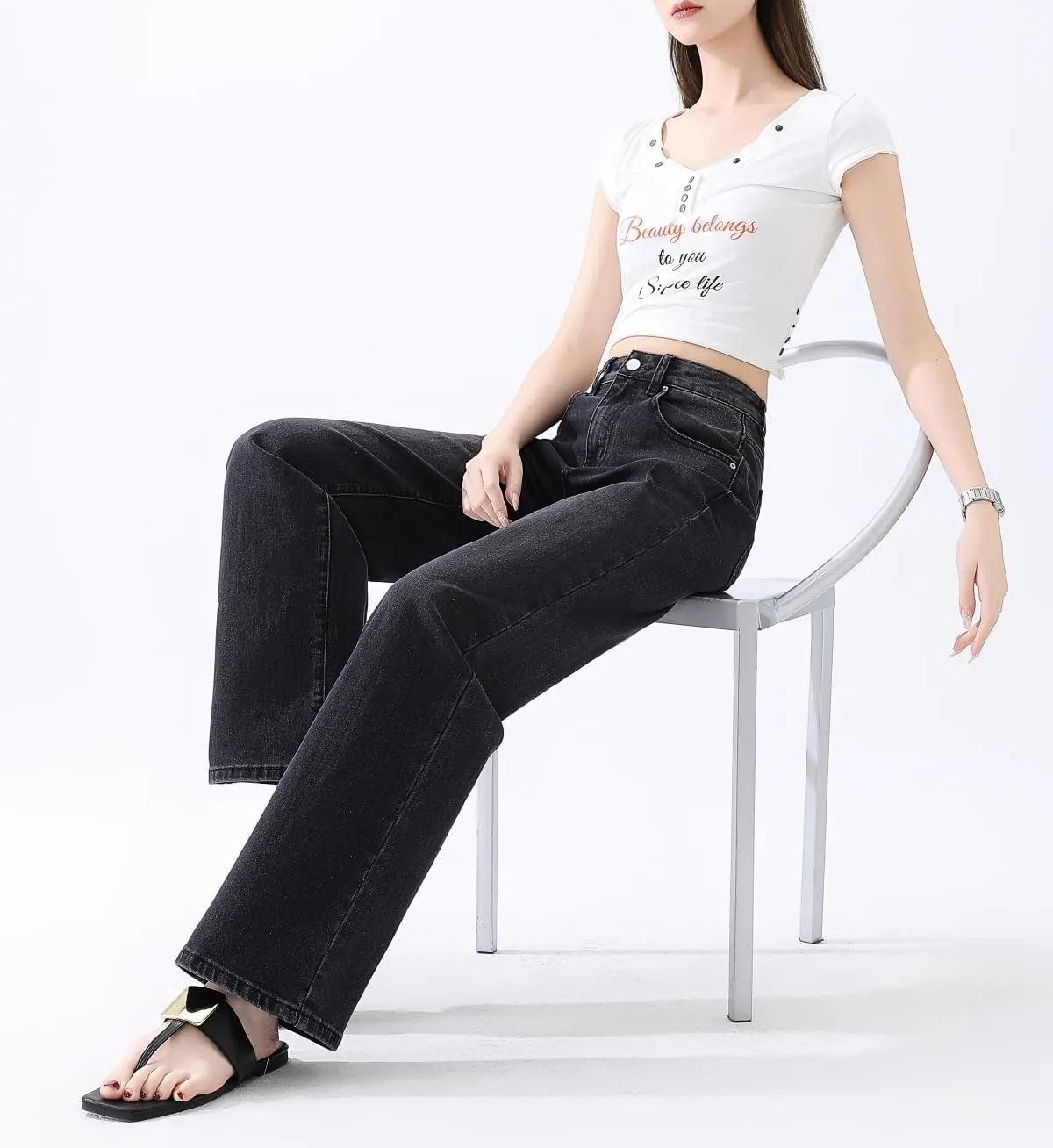 High Waisted Jeans for Women Straight Leg Stretchy Trendy Baggy Casual Lady Basic Wide Leg Denim Pants