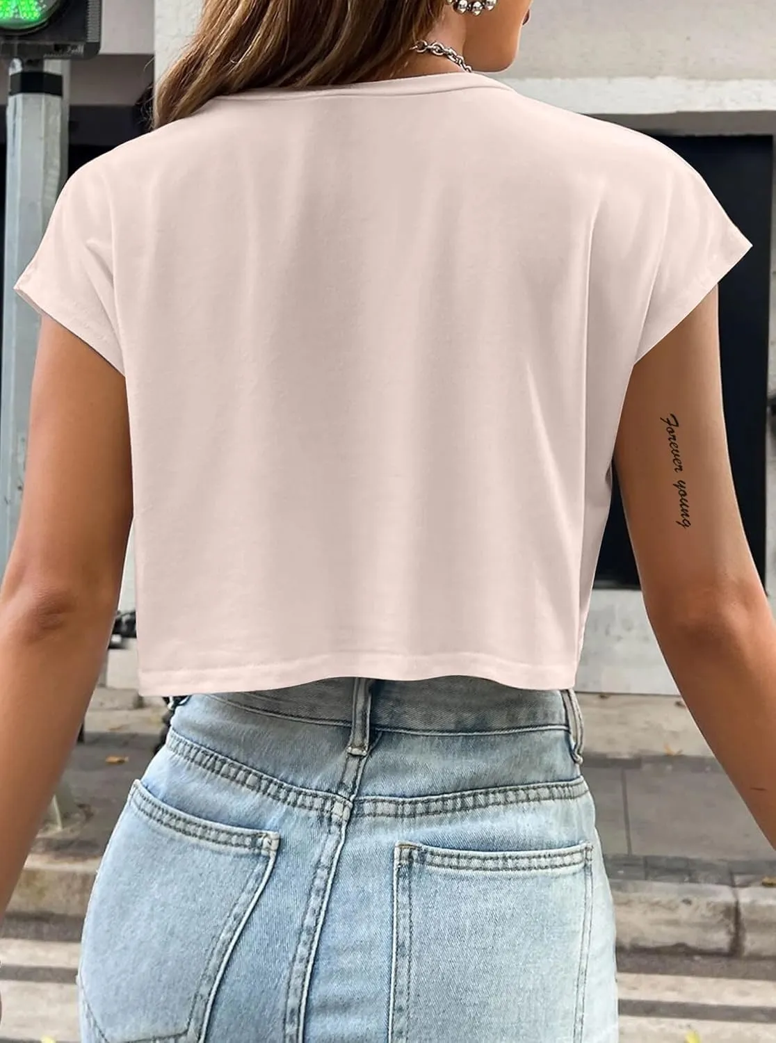 Hilinker Women's Graphic Cap Sleeve Crop Tops Summer Casual Crew Neck T Shirts Loose Fit Basic Tees