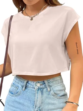 Hilinker Women's Graphic Cap Sleeve Crop Tops Summer Casual Crew Neck T Shirts Loose Fit Basic Tees