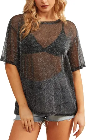 HWOKEFEIYU Women's Summer Short Sleeve Tops See Through Mesh Sheer Sexy T Shirt Blouse