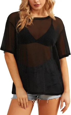 HWOKEFEIYU Women's Summer Short Sleeve Tops See Through Mesh Sheer Sexy T Shirt Blouse