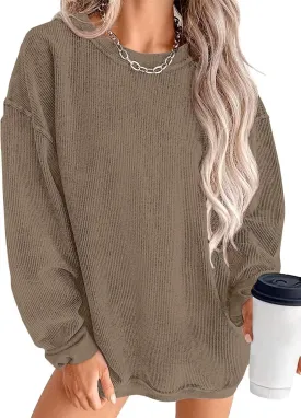 KISSMODA Women's Casual Long Sleeve Sweatshirt Color Block/Solid Crewneck Corduroy Pullover Cute Tops