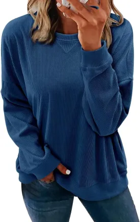 KISSMODA Womens Casual Long Sleeve Sweatshirts Color Block/Solid Tops Corduroy Crewneck Tunic Pullover with Pockets