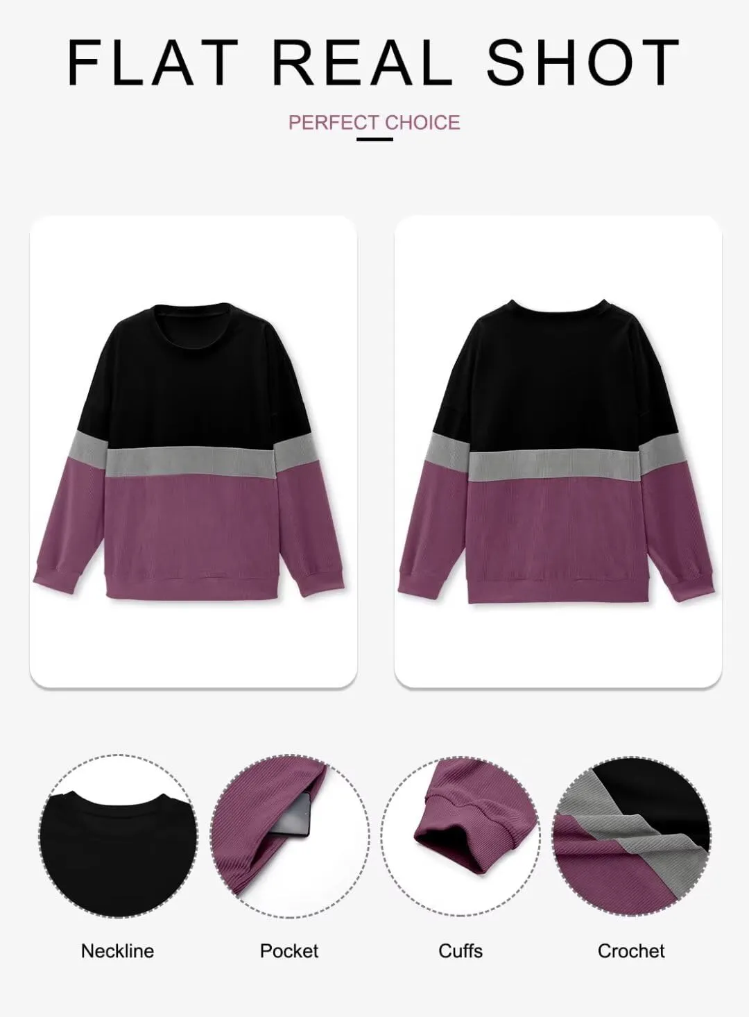 KISSMODA Womens Casual Long Sleeve Sweatshirts Color Block/Solid Tops Corduroy Crewneck Tunic Pullover with Pockets