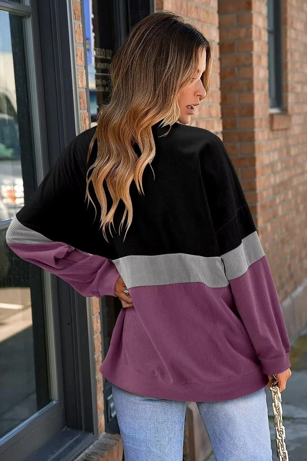 KISSMODA Womens Casual Long Sleeve Sweatshirts Color Block/Solid Tops Corduroy Crewneck Tunic Pullover with Pockets