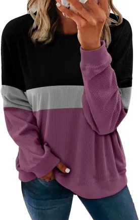 KISSMODA Womens Casual Long Sleeve Sweatshirts Color Block/Solid Tops Corduroy Crewneck Tunic Pullover with Pockets