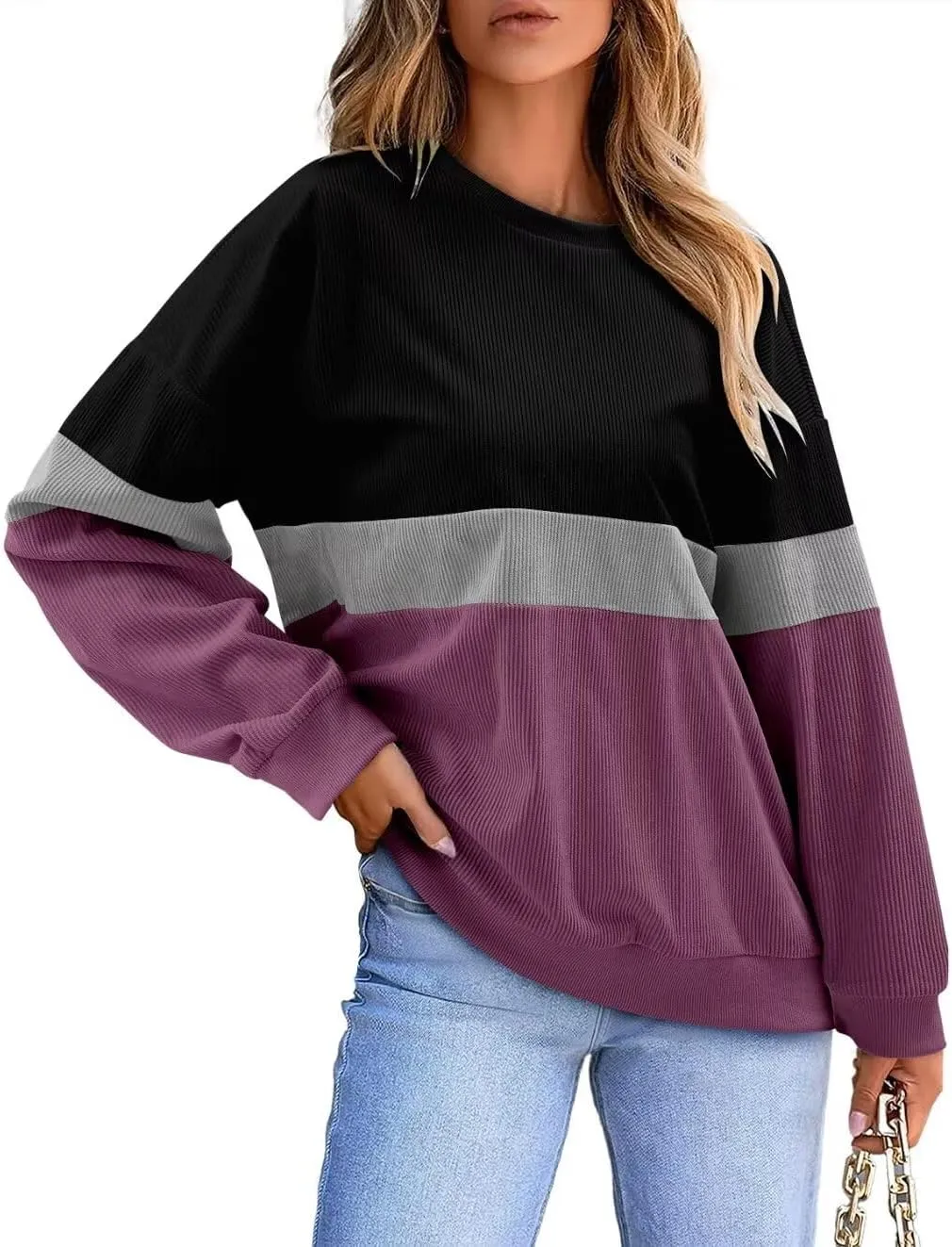 KISSMODA Womens Casual Long Sleeve Sweatshirts Color Block/Solid Tops Corduroy Crewneck Tunic Pullover with Pockets