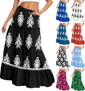 Maxi Tiered Skirts for Women 2025 Boho Floral High Elastic Waist Long Flowy Skirt A-Line Ruffle Hem Beach Cover Ups