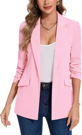 MINTLIMIT Blazer for Women Open Front 3/4 Ruched Sleeve Suit Jacket Notched Collar Casual Work Office Blazers with Pockets