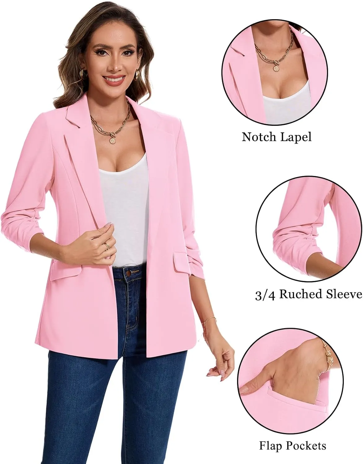 MINTLIMIT Blazer for Women Open Front 3/4 Ruched Sleeve Suit Jacket Notched Collar Casual Work Office Blazers with Pockets