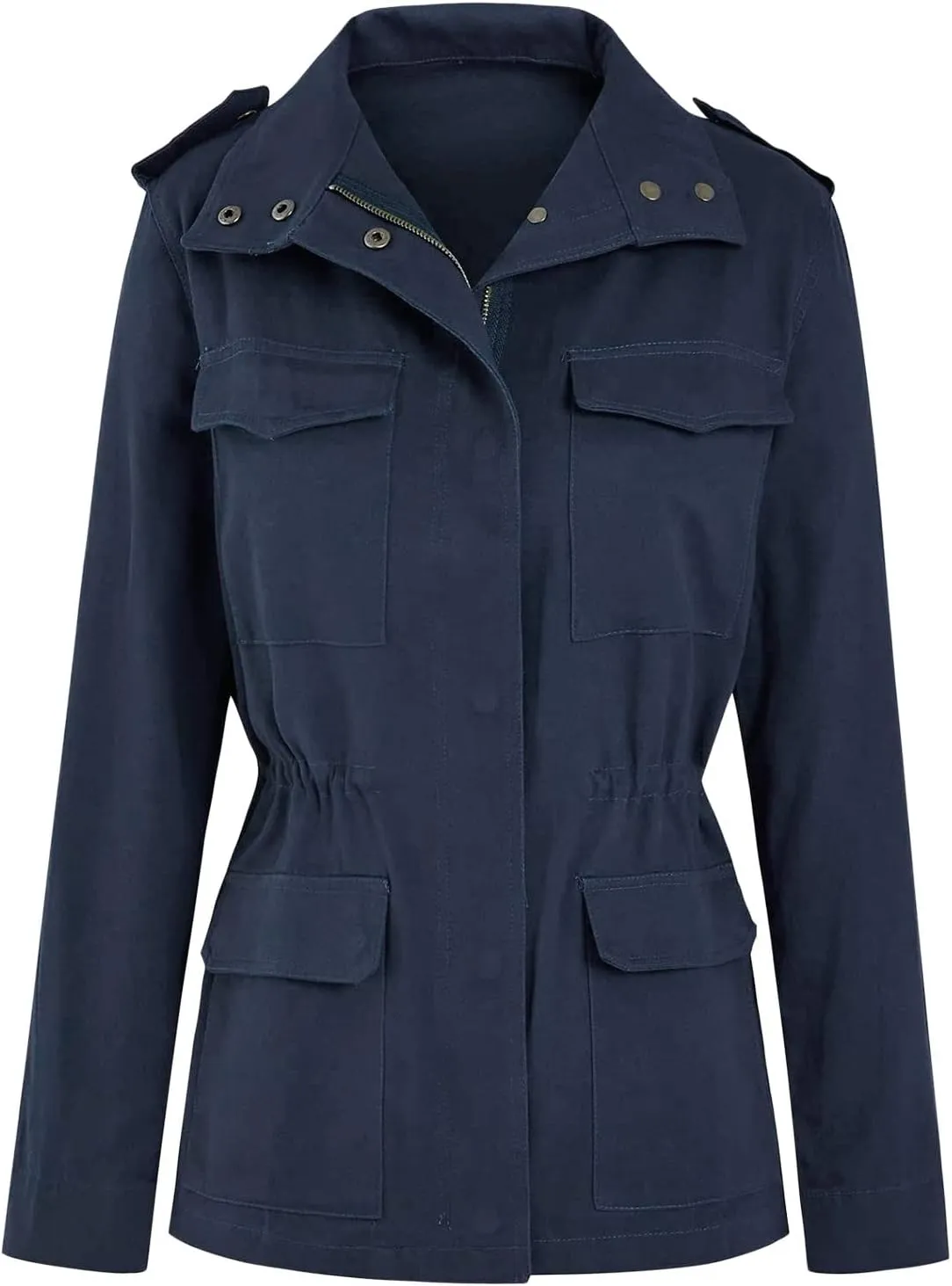 Miyaomn Military Safari Utility Casual Jacket for Women Zip Up Snap Button Turndown Collar Lightweight Fall Coat with Pockets