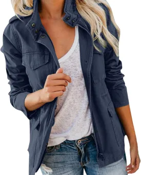 Miyaomn Military Safari Utility Casual Jacket for Women Zip Up Snap Button Turndown Collar Lightweight Fall Coat with Pockets