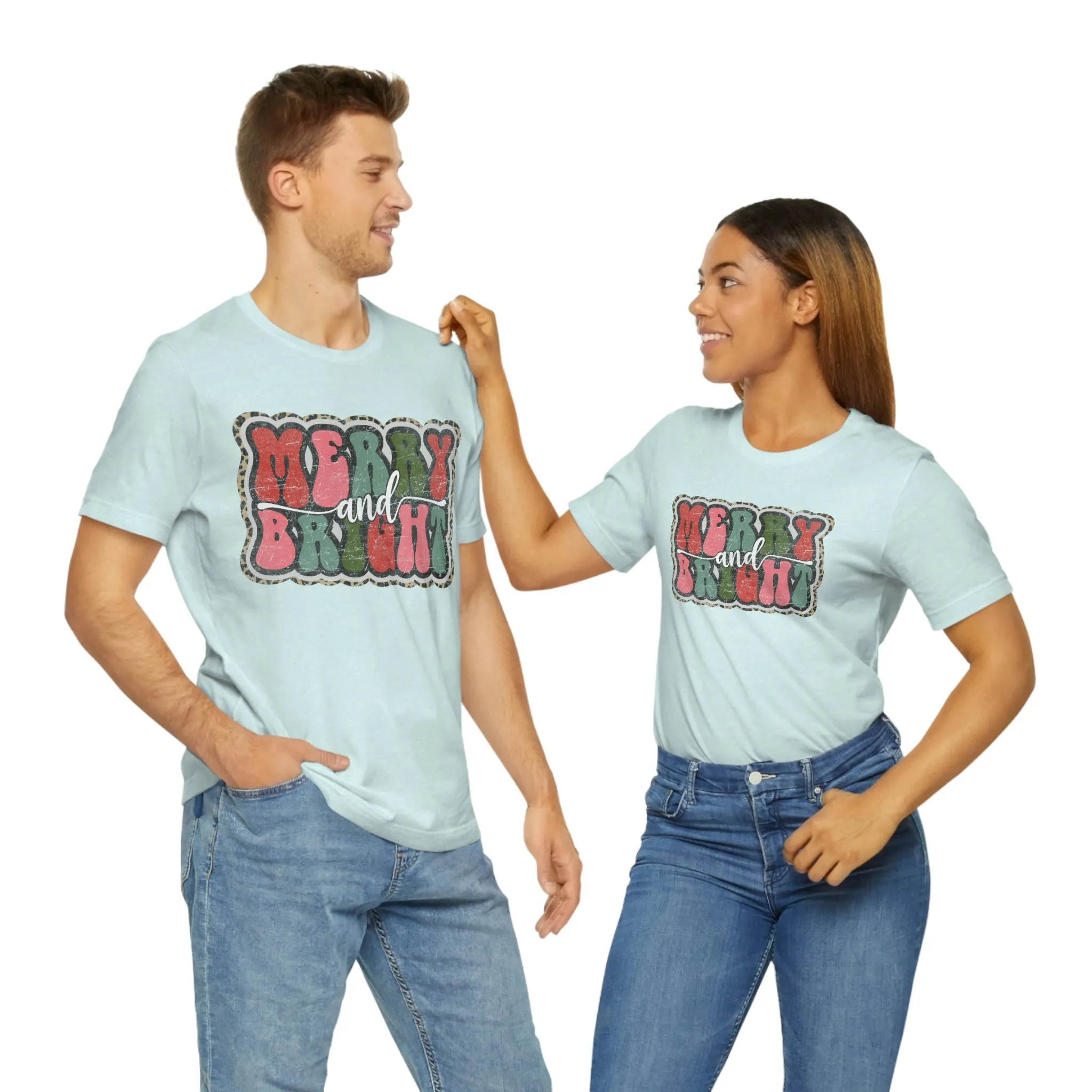 Retro Merry & Bright Women's Christmas T-Shirt Bella Canvas Unisex Jersey Short Sleeve Tee