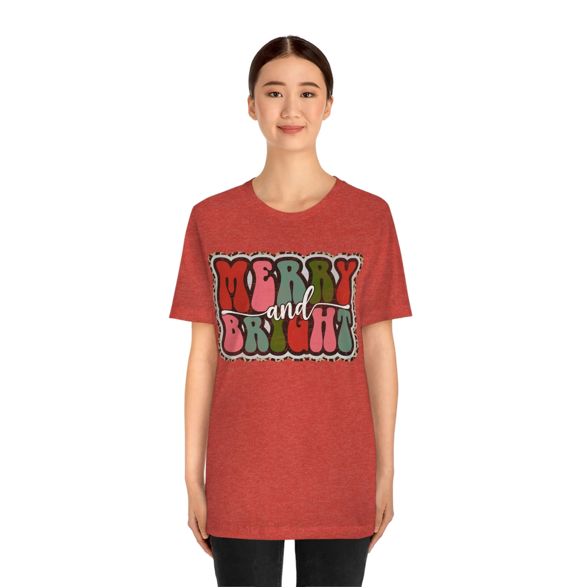 Retro Merry & Bright Women's Christmas T-Shirt Bella Canvas Unisex Jersey Short Sleeve Tee