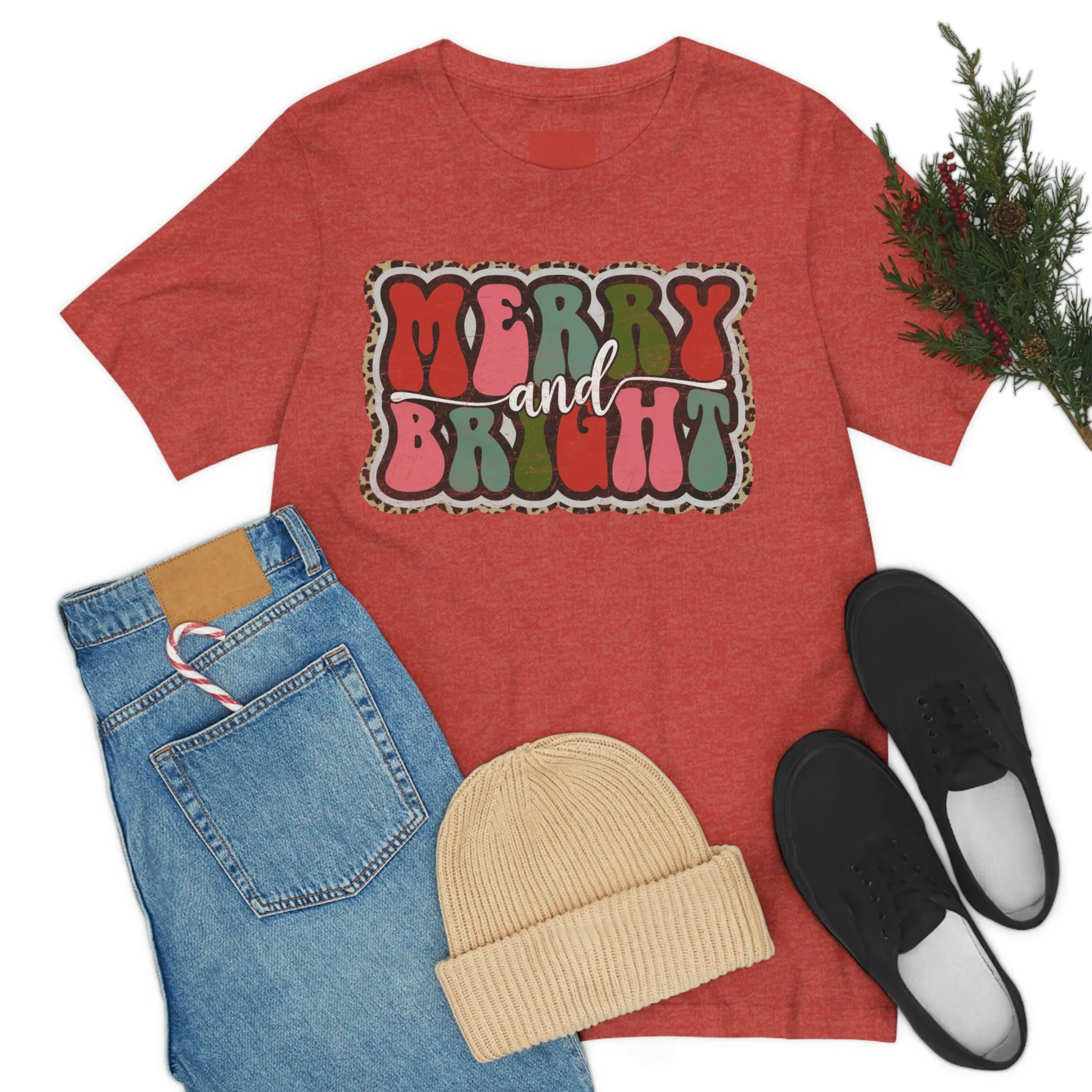Retro Merry & Bright Women's Christmas T-Shirt Bella Canvas Unisex Jersey Short Sleeve Tee