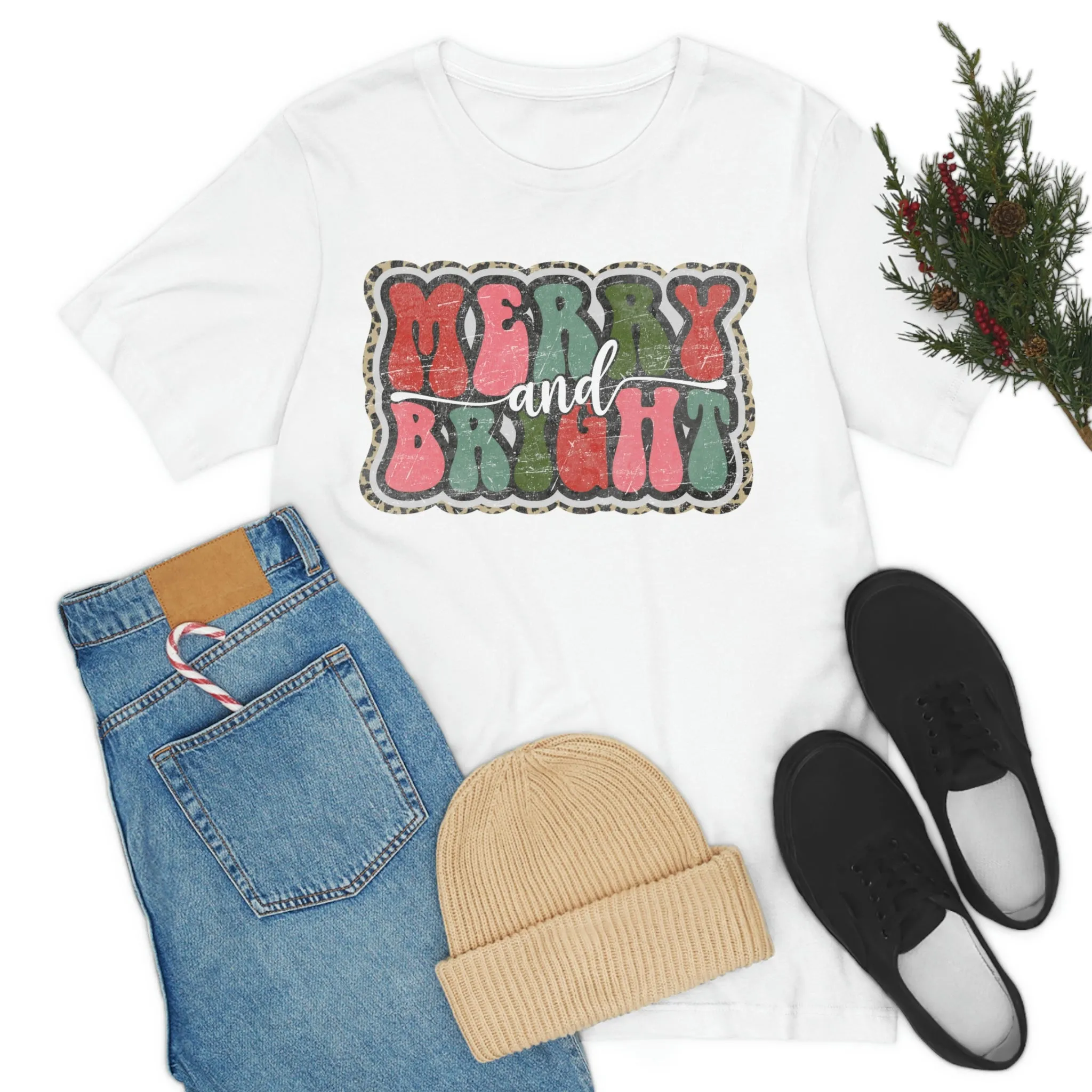 Retro Merry & Bright Women's Christmas T-Shirt Bella Canvas Unisex Jersey Short Sleeve Tee