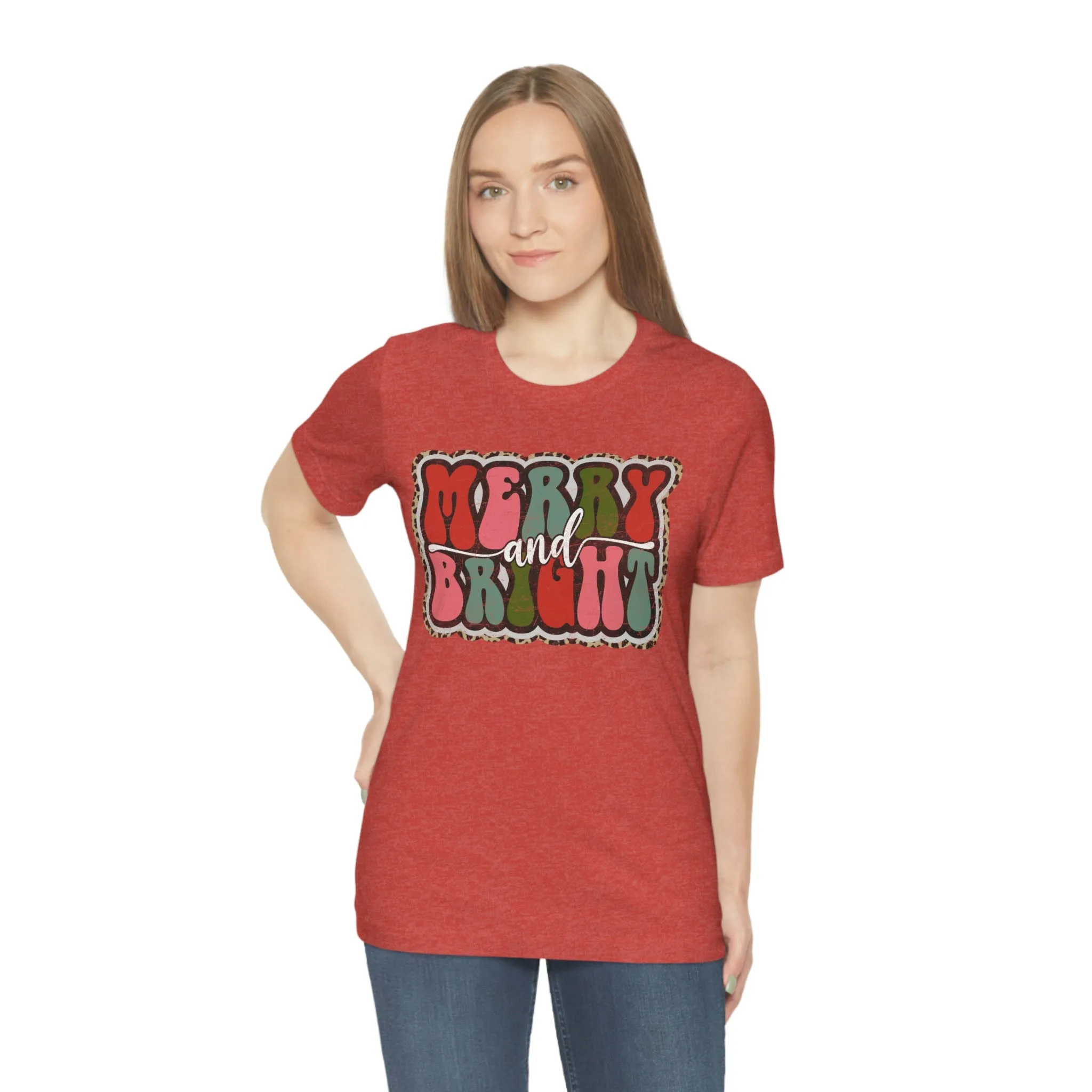 Retro Merry & Bright Women's Christmas T-Shirt Bella Canvas Unisex Jersey Short Sleeve Tee