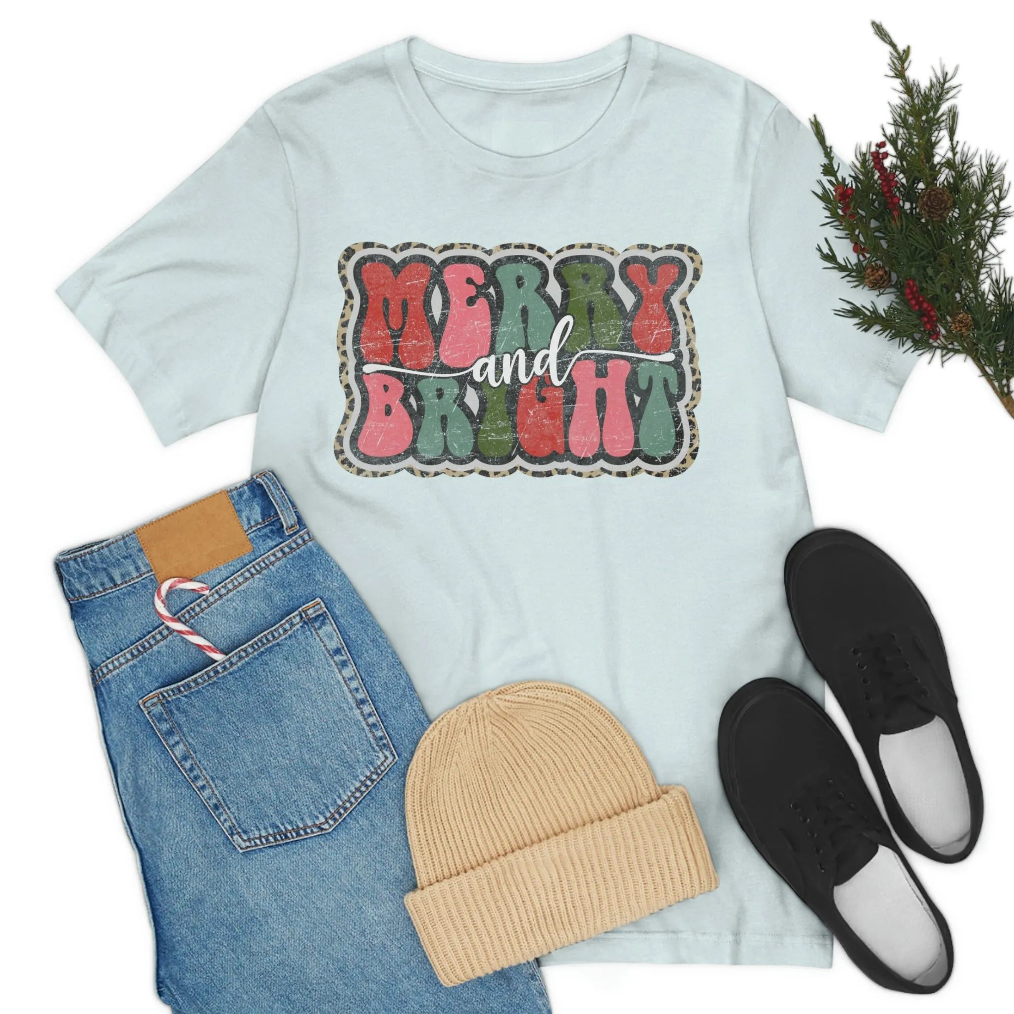Retro Merry & Bright Women's Christmas T-Shirt Bella Canvas Unisex Jersey Short Sleeve Tee