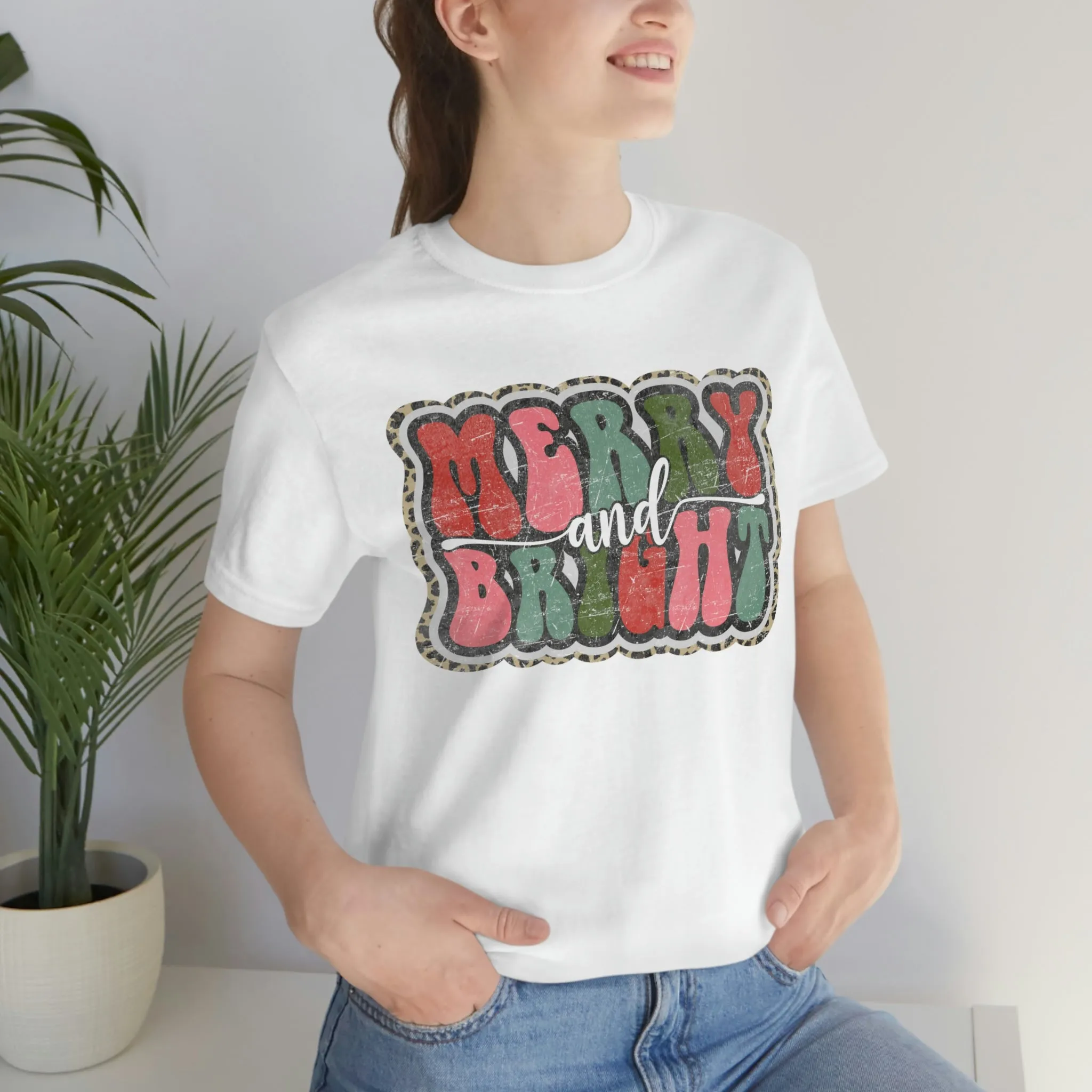 Retro Merry & Bright Women's Christmas T-Shirt Bella Canvas Unisex Jersey Short Sleeve Tee