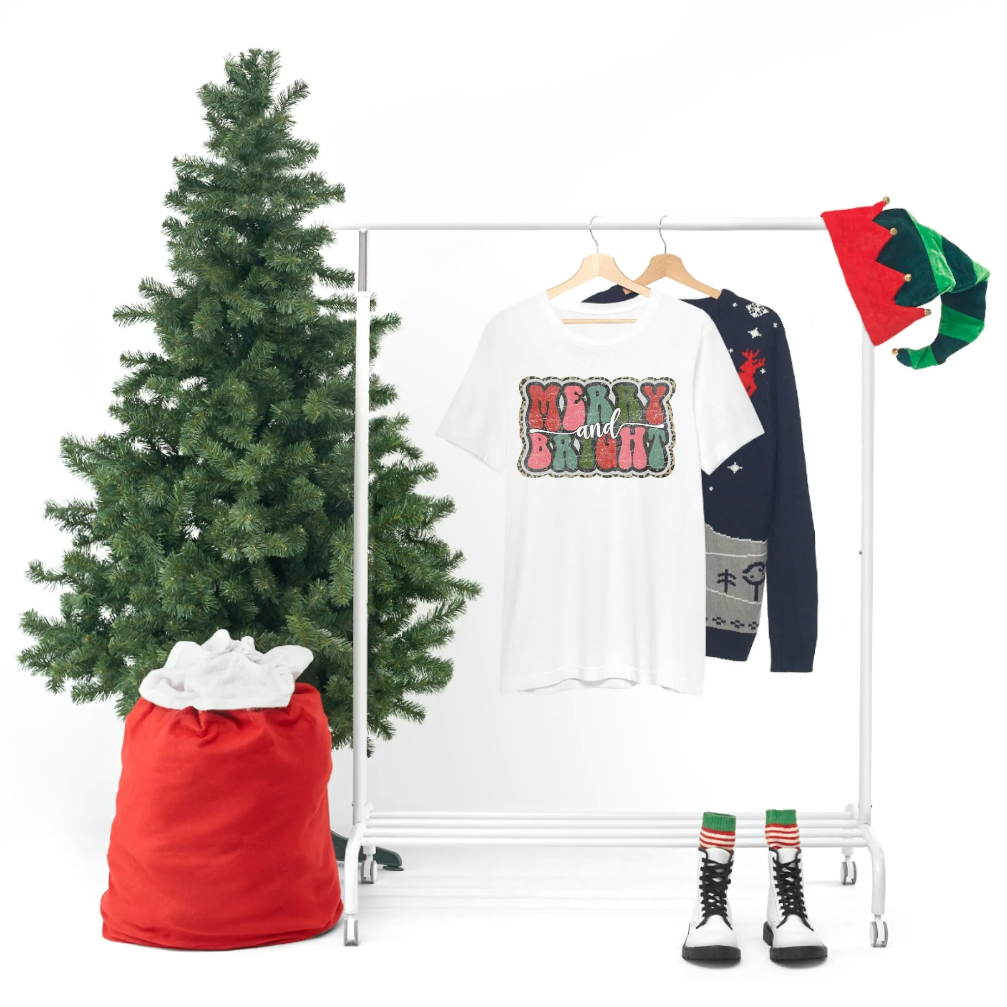 Retro Merry & Bright Women's Christmas T-Shirt Bella Canvas Unisex Jersey Short Sleeve Tee