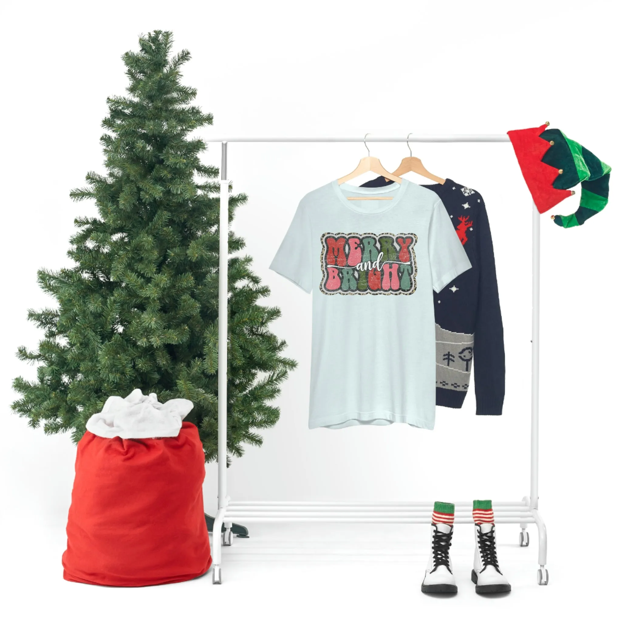 Retro Merry & Bright Women's Christmas T-Shirt Bella Canvas Unisex Jersey Short Sleeve Tee