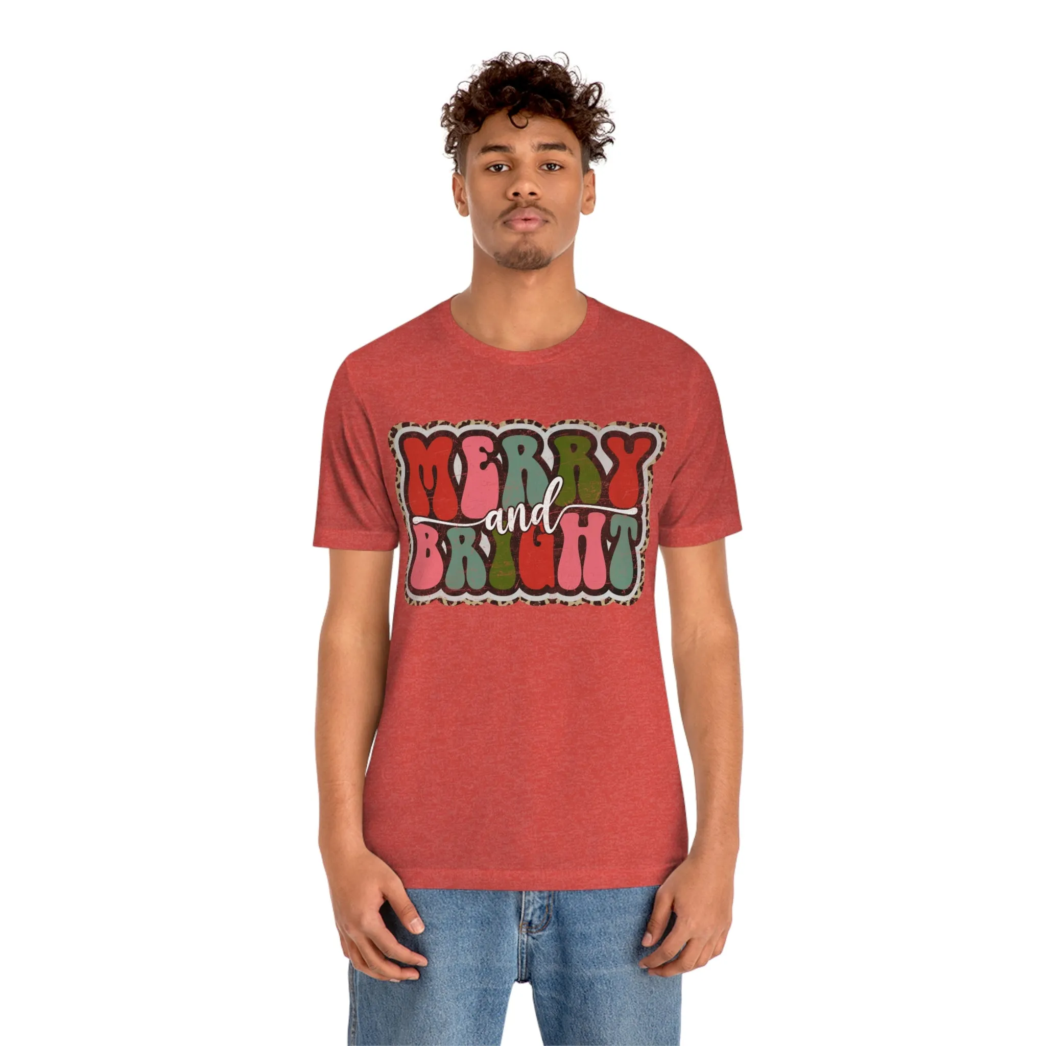 Retro Merry & Bright Women's Christmas T-Shirt Bella Canvas Unisex Jersey Short Sleeve Tee