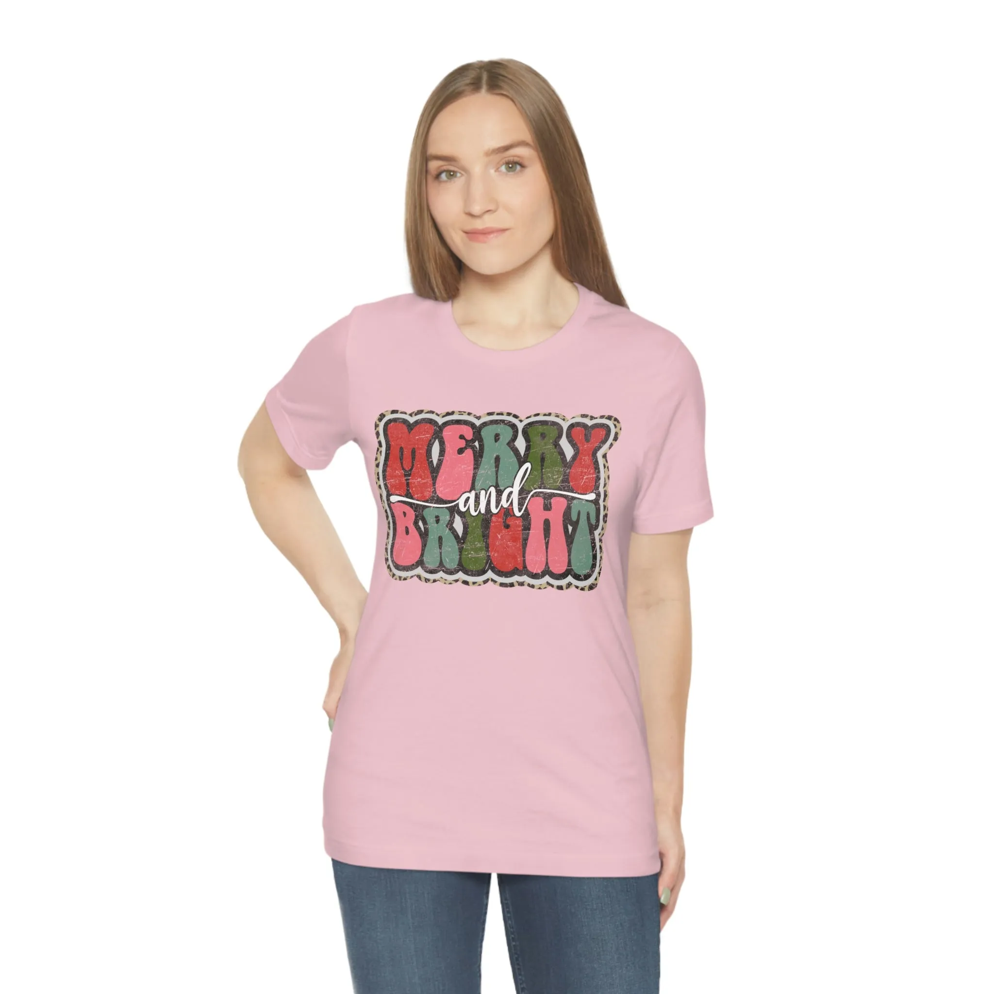 Retro Merry & Bright Women's Christmas T-Shirt Bella Canvas Unisex Jersey Short Sleeve Tee