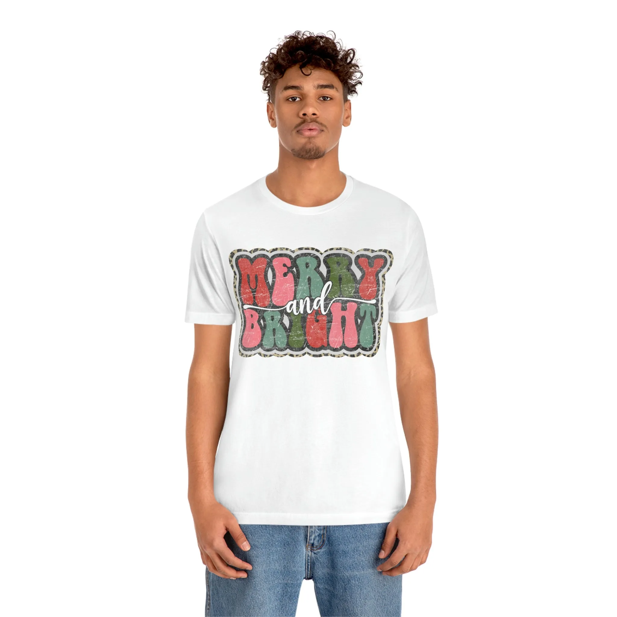 Retro Merry & Bright Women's Christmas T-Shirt Bella Canvas Unisex Jersey Short Sleeve Tee