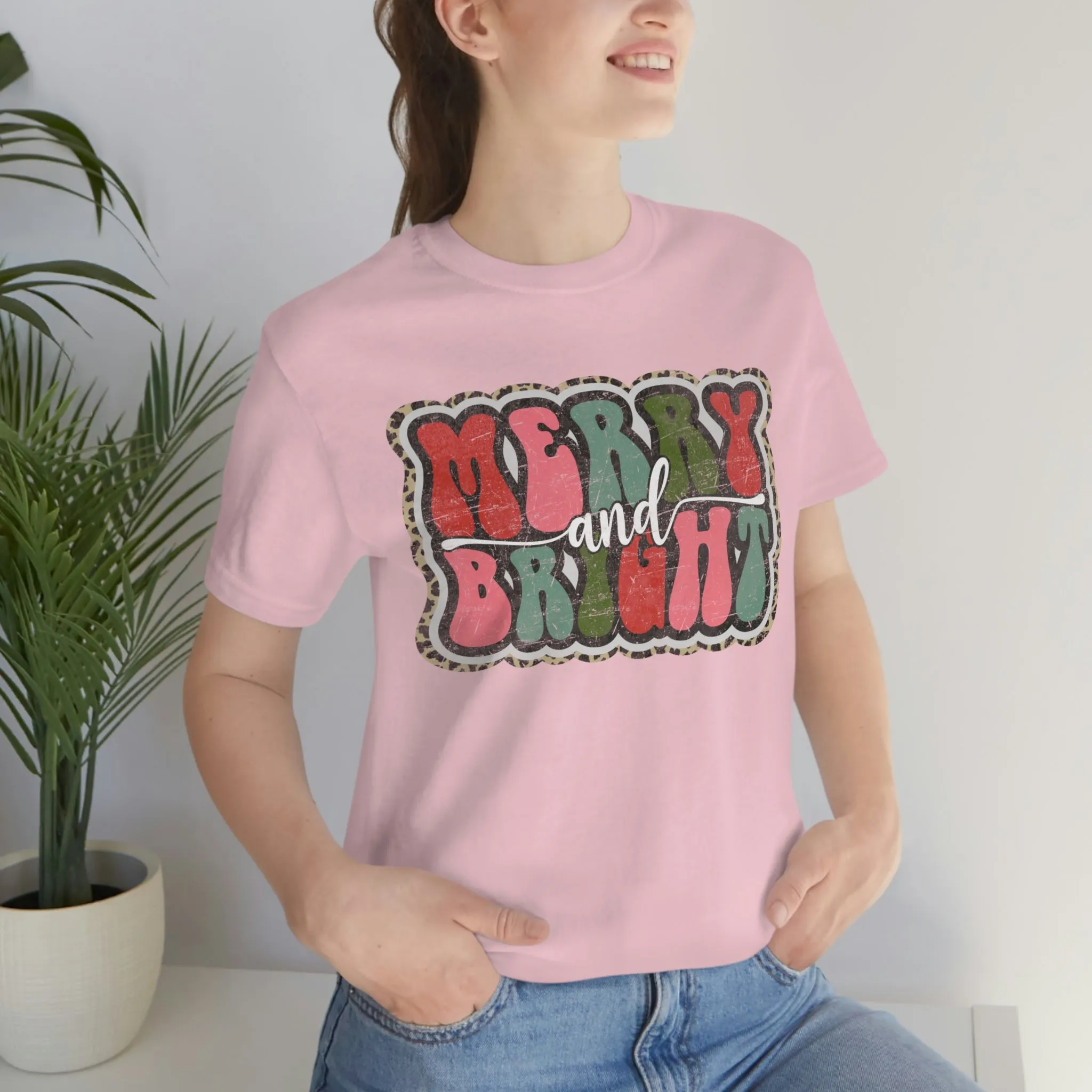 Retro Merry & Bright Women's Christmas T-Shirt Bella Canvas Unisex Jersey Short Sleeve Tee