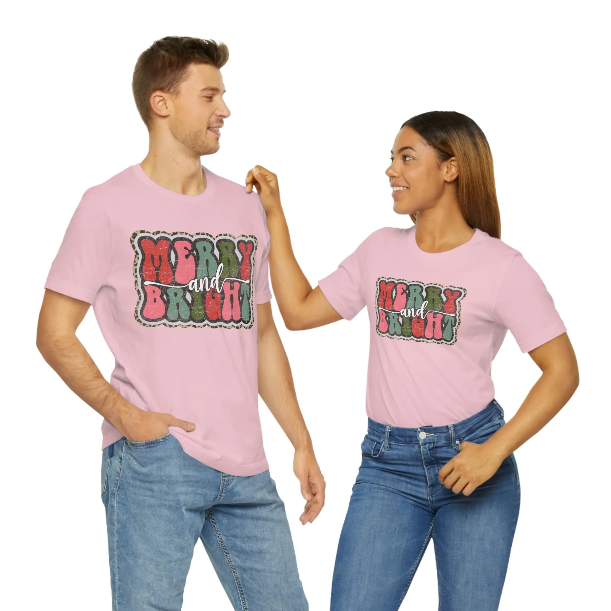 Retro Merry & Bright Women's Christmas T-Shirt Bella Canvas Unisex Jersey Short Sleeve Tee