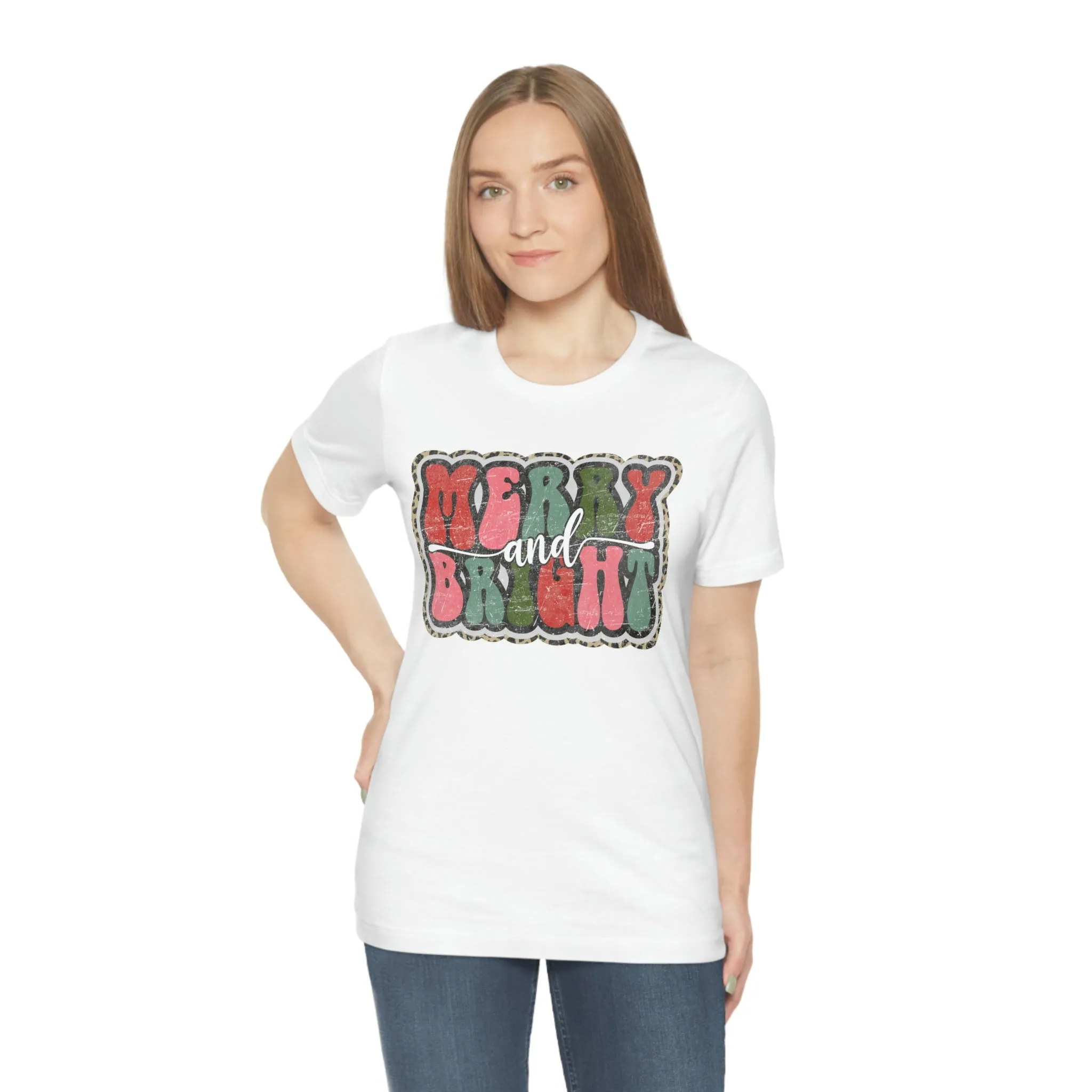 Retro Merry & Bright Women's Christmas T-Shirt Bella Canvas Unisex Jersey Short Sleeve Tee